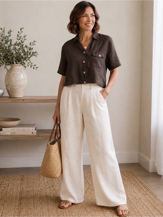 Chico's Tops - Chico’s 100% Linen Boxy Cropped Button Front Shirt Chocolate Brown Size 2 US 12